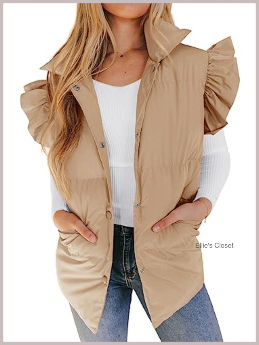 Women's Quilted Puffer Vest Ruffle Sleeve Button Down Gilet